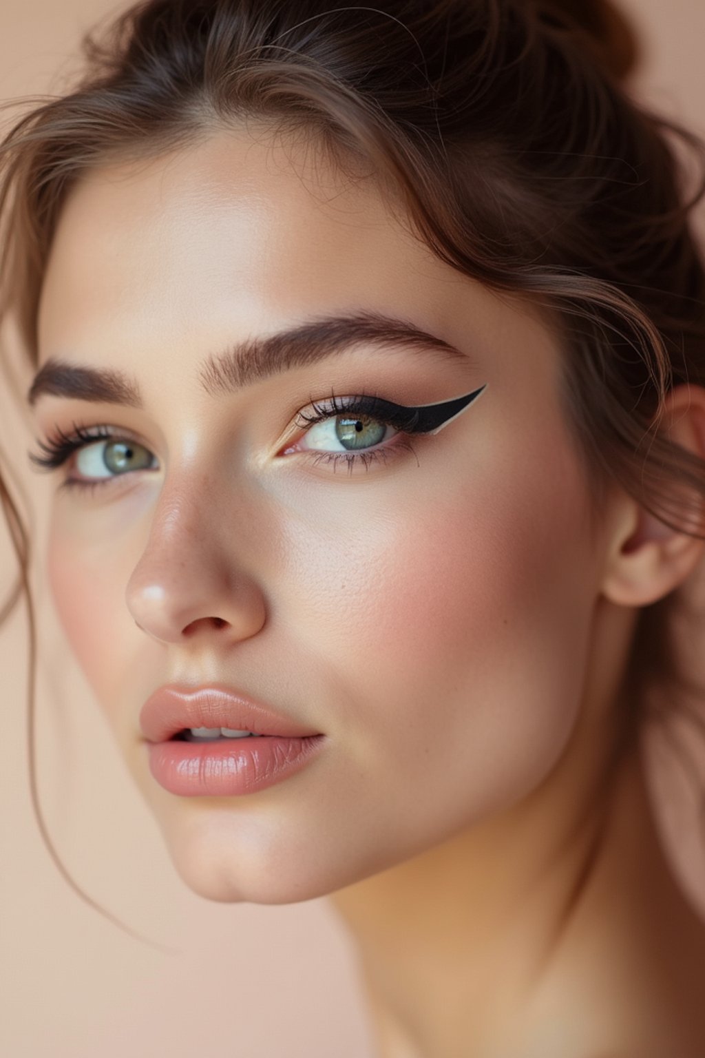 close-up of Model sporting winged eyeliner and matte skin finish. set against a soft, pastel background