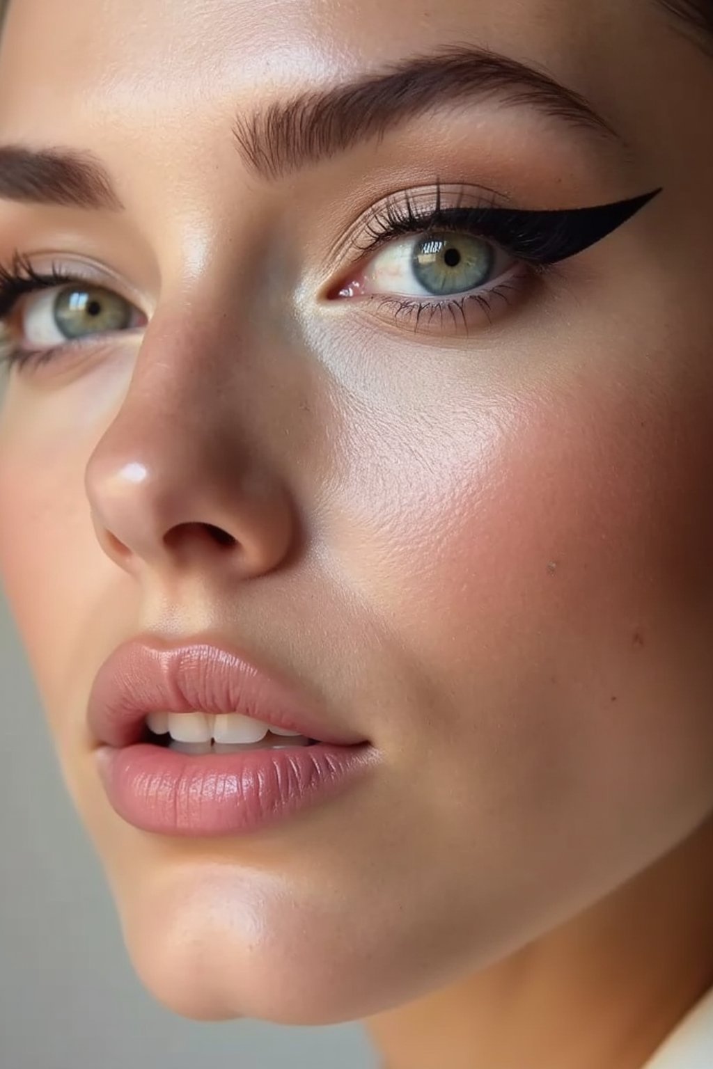 close-up of Model sporting winged eyeliner and matte skin finish. set against a soft, pastel background