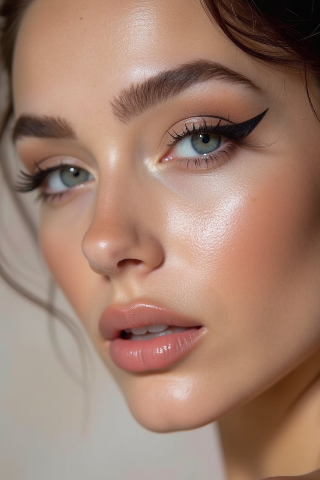 close-up of Model sporting winged eyeliner and matte skin finish. set against a soft, pastel background