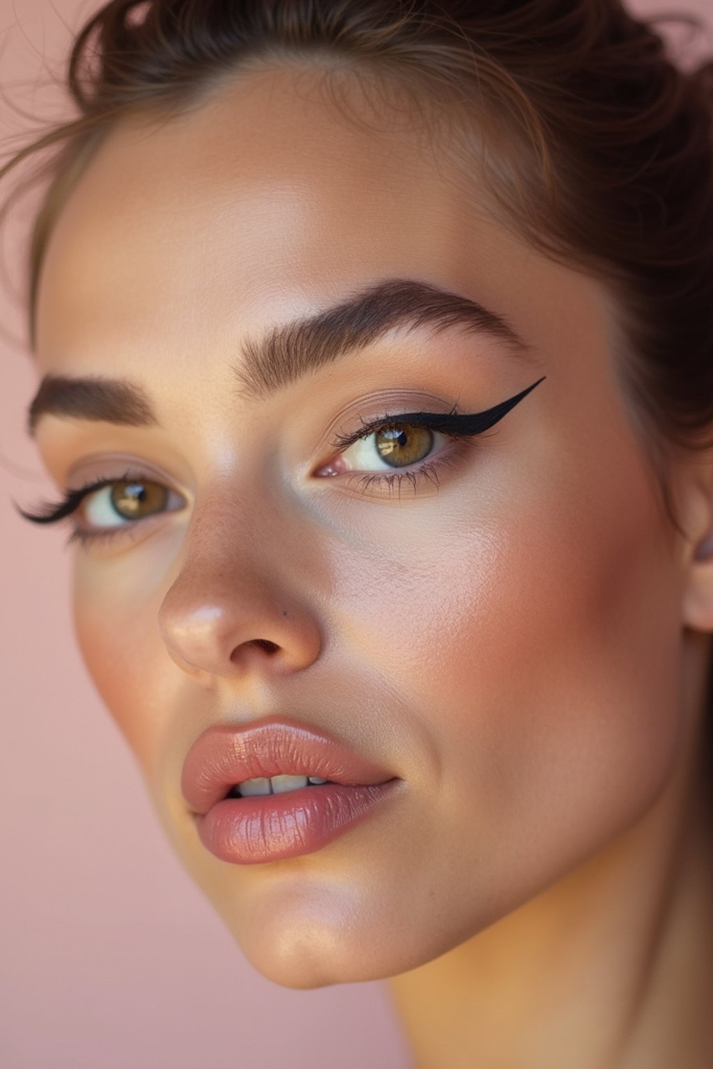 close-up of Model sporting winged eyeliner and matte skin finish. set against a soft, pastel background