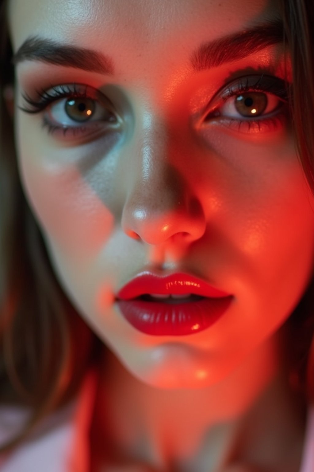 close-up of Model with a bold red lipstick and smokey eye makeup, her face half-lit in dramatic lighting. set against a soft, pastel background