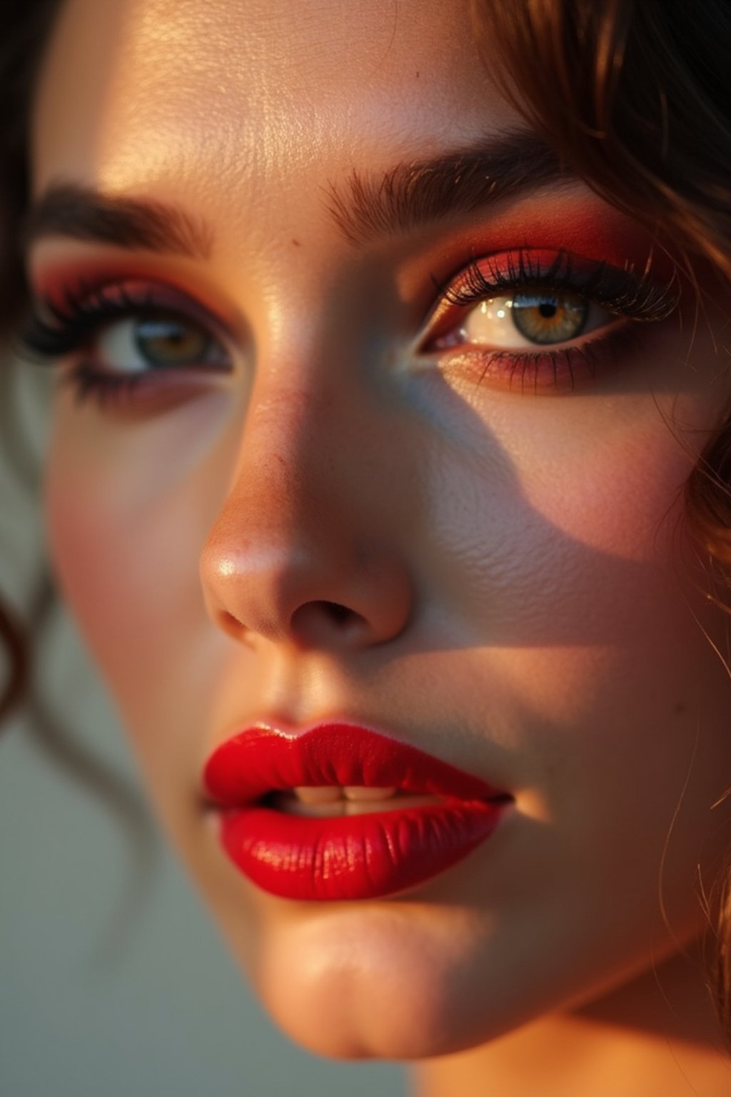 close-up of Model with a bold red lipstick and smokey eye makeup, her face half-lit in dramatic lighting. set against a soft, pastel background