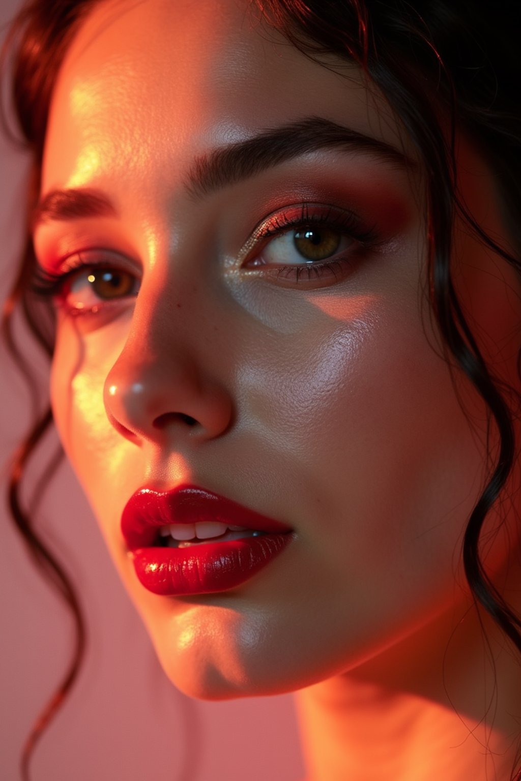 close-up of Model with a bold red lipstick and smokey eye makeup, her face half-lit in dramatic lighting. set against a soft, pastel background