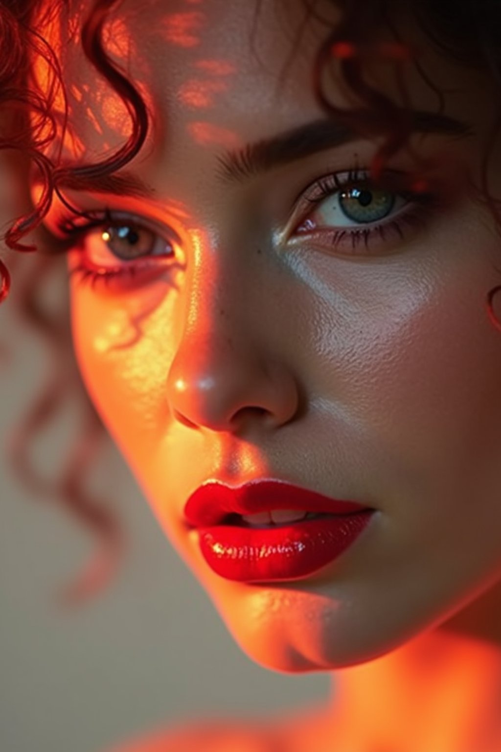 close-up of Model with a bold red lipstick and smokey eye makeup, her face half-lit in dramatic lighting. set against a soft, pastel background