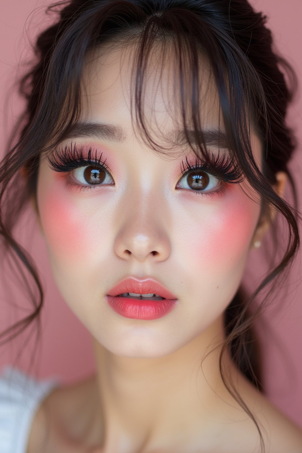 close-up of woman showcasing an Korean-style manga makeup look on woman, featuring oversized, dramatically long eyelashes that create a wide-eyed, whimsical appearance. The look is completed with bold, graphic eyeliner and a subtle blush to enhance the youthful and playful vibe. set against a soft, pastel background