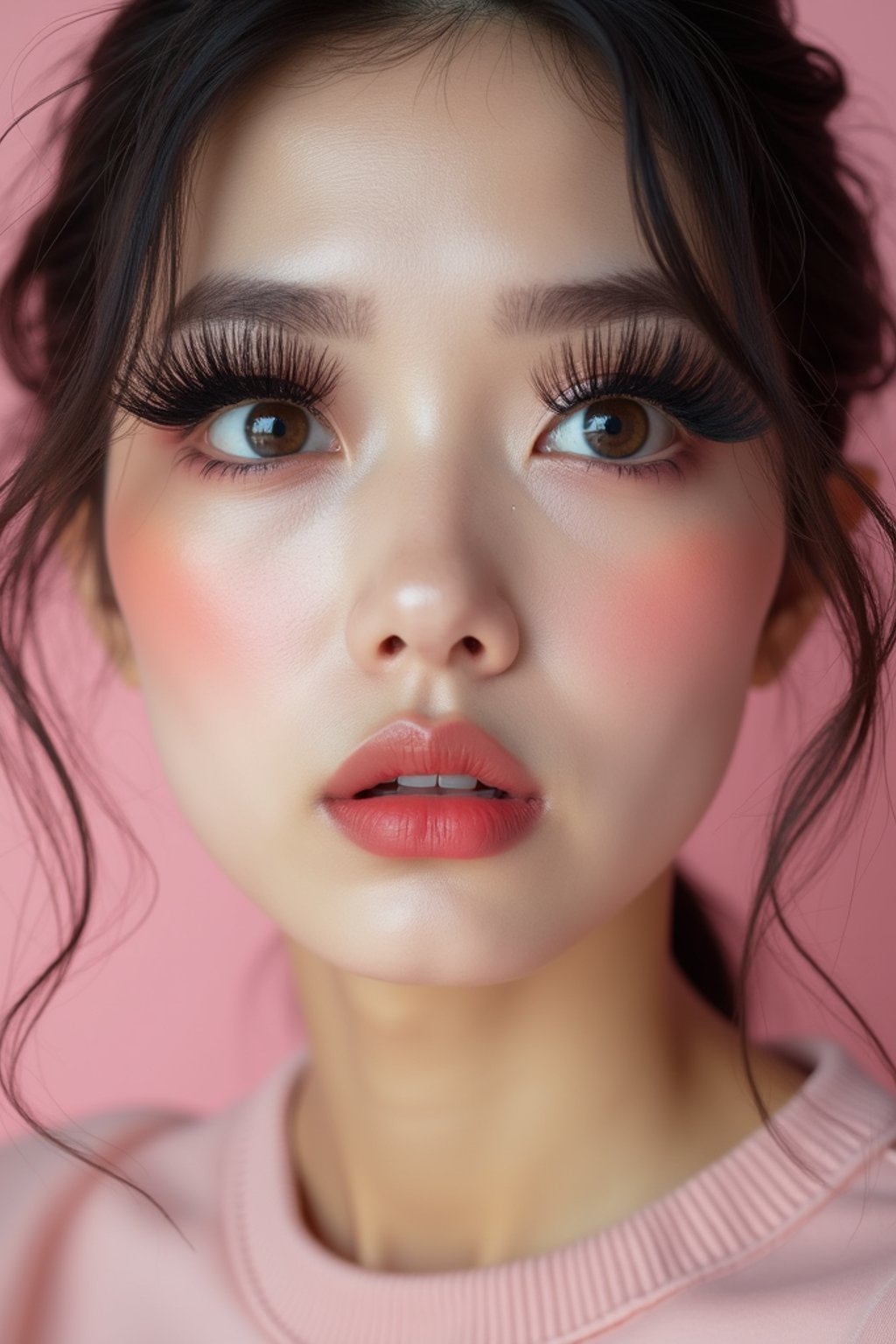 close-up of woman showcasing an Korean-style manga makeup look on woman, featuring oversized, dramatically long eyelashes that create a wide-eyed, whimsical appearance. The look is completed with bold, graphic eyeliner and a subtle blush to enhance the youthful and playful vibe. set against a soft, pastel background