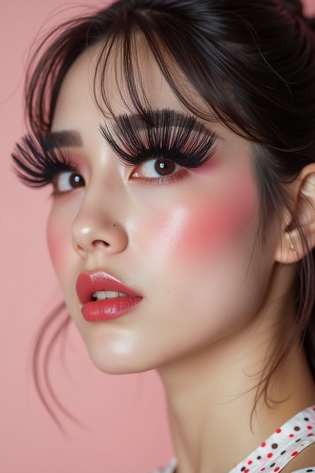 close-up of woman showcasing an Korean-style manga makeup look on woman, featuring oversized, dramatically long eyelashes that create a wide-eyed, whimsical appearance. The look is completed with bold, graphic eyeliner and a subtle blush to enhance the youthful and playful vibe. set against a soft, pastel background