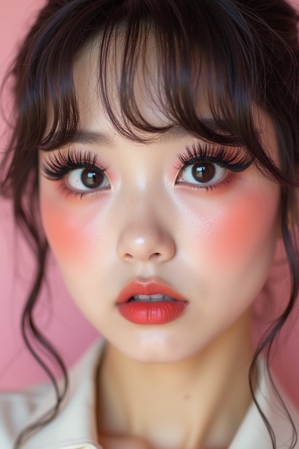 close-up of woman showcasing an Korean-style manga makeup look on woman, featuring oversized, dramatically long eyelashes that create a wide-eyed, whimsical appearance. The look is completed with bold, graphic eyeliner and a subtle blush to enhance the youthful and playful vibe. set against a soft, pastel background