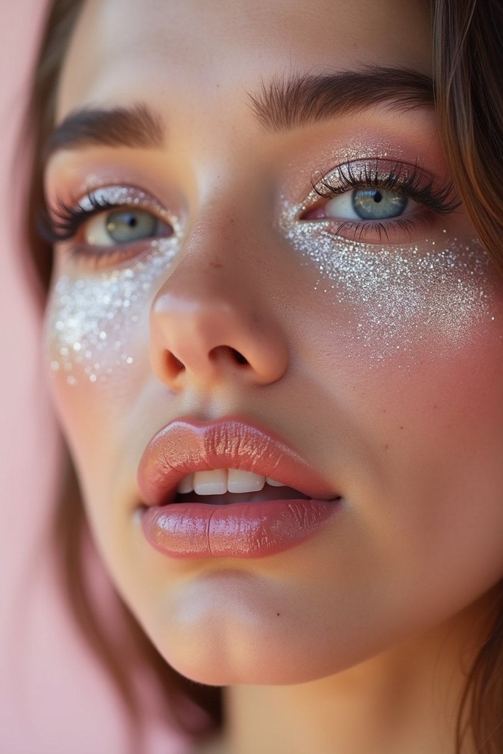 close-up of woman with glittery eye shadow and high-shine gloss, set against a soft, pastel background