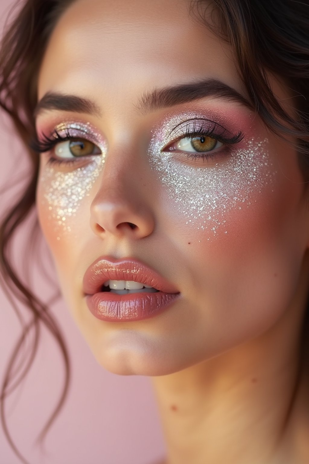 close-up of woman with glittery eye shadow and high-shine gloss, set against a soft, pastel background