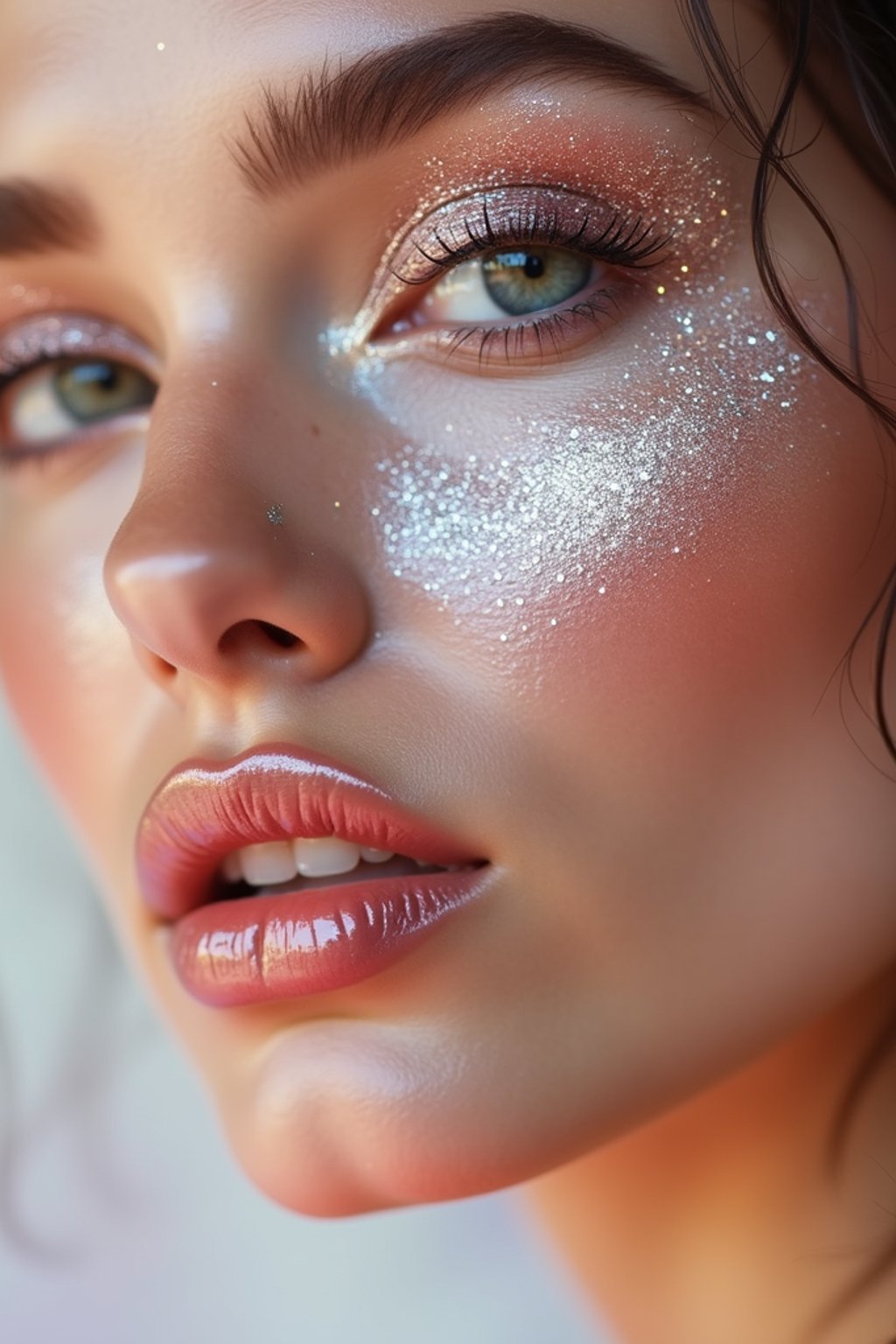 close-up of woman with glittery eye shadow and high-shine gloss, set against a soft, pastel background