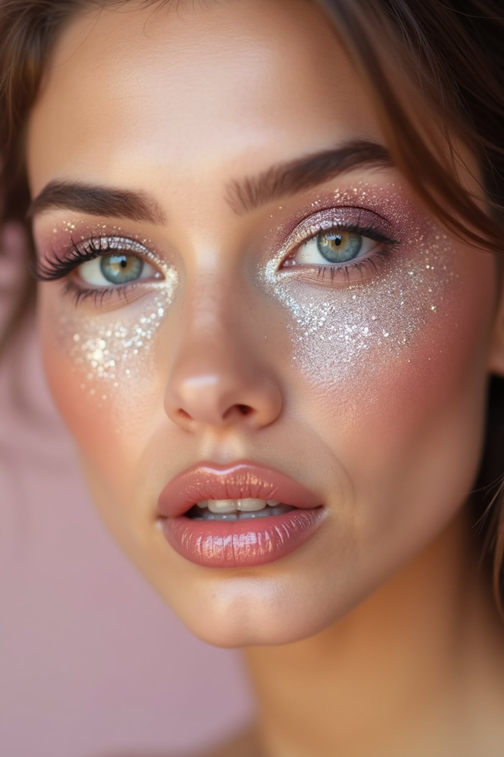 close-up of woman with glittery eye shadow and high-shine gloss, set against a soft, pastel background