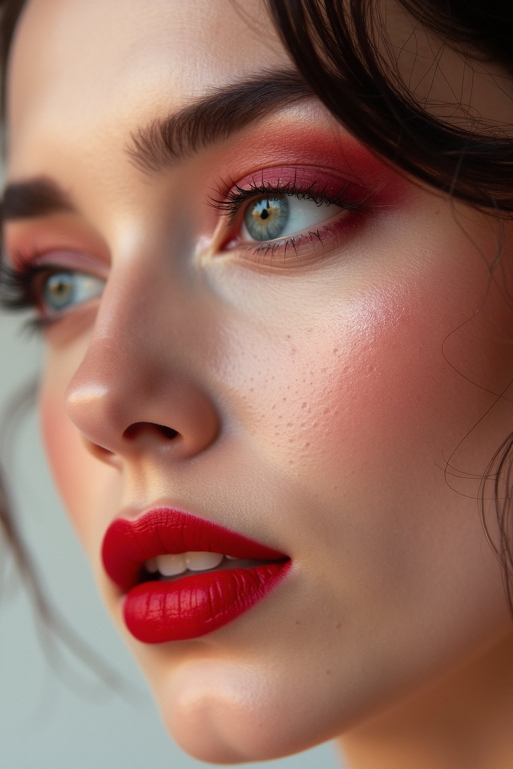 close up of woman with a bold red lipstick and smokey eye makeup. set against a soft, pastel background