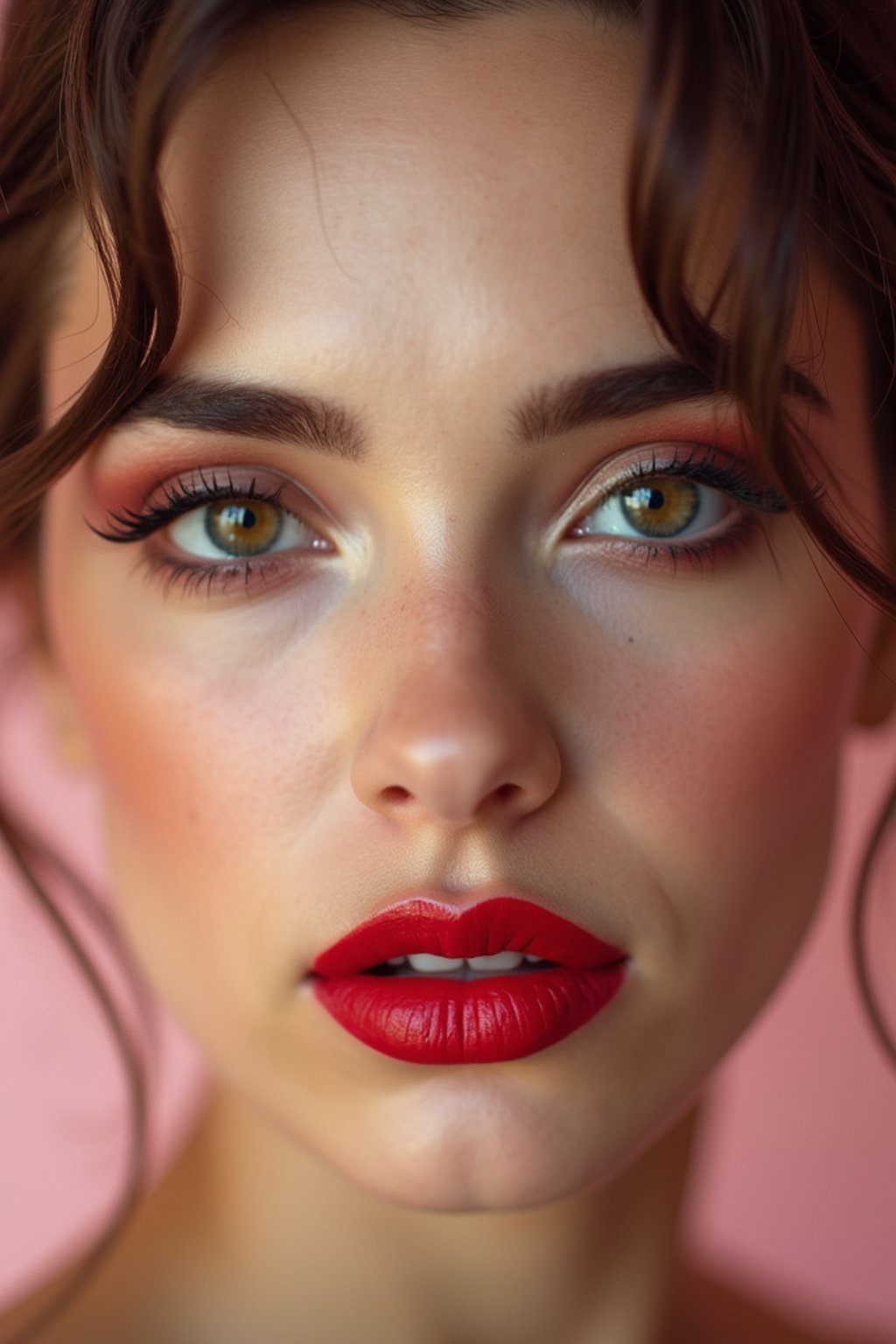 close up of woman with a bold red lipstick and smokey eye makeup. set against a soft, pastel background