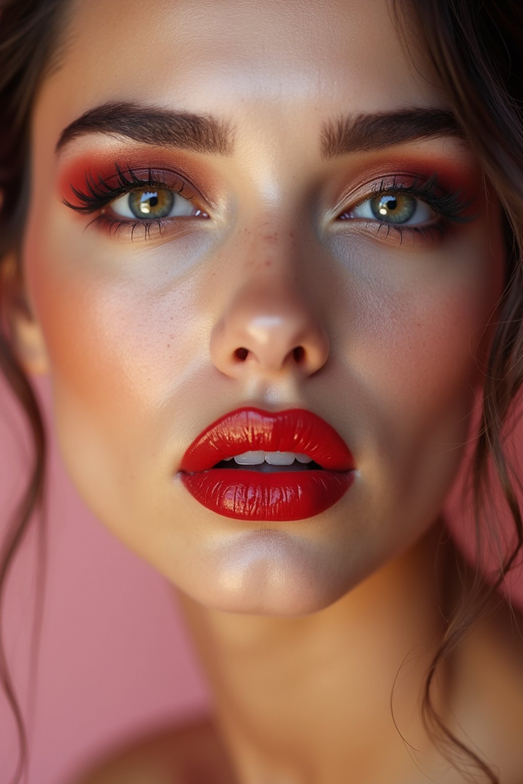 close up of woman with a bold red lipstick and smokey eye makeup. set against a soft, pastel background