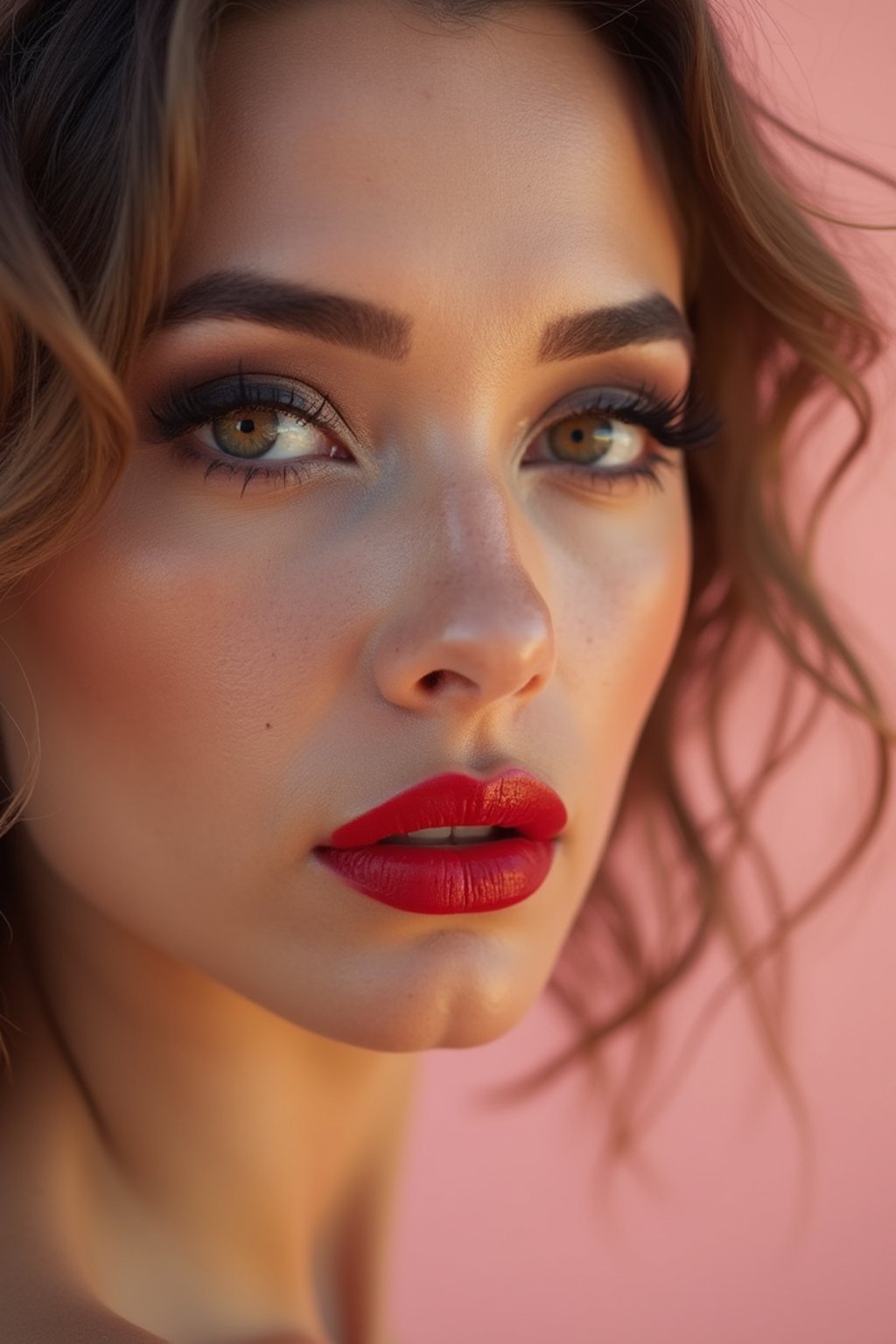 close up of woman with a bold red lipstick and smokey eye makeup. set against a soft, pastel background