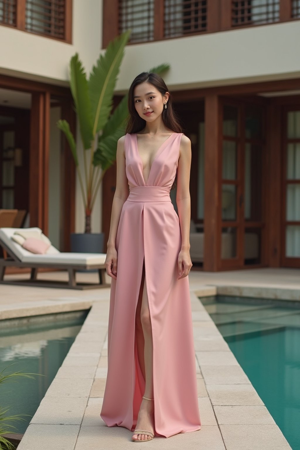 a woman wearing sexy (pink pu leather) standing in front of luxury design villa