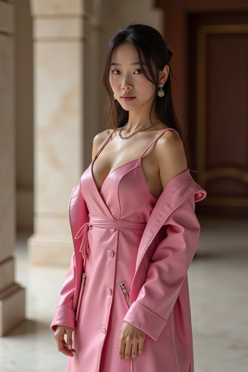 a woman wearing sexy (pink pu leather) standing in front of luxury design villa