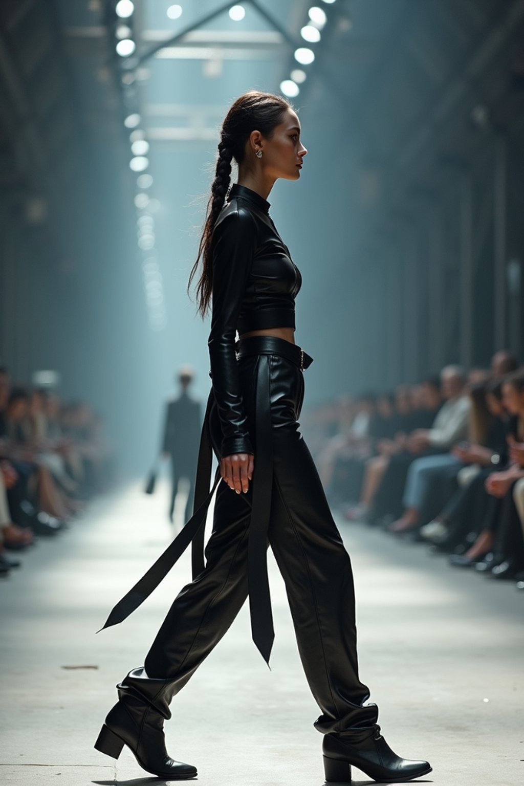 side view of woman walking on a fashion runway in an industrial space, showcasing a futuristic outfit with sharp lines