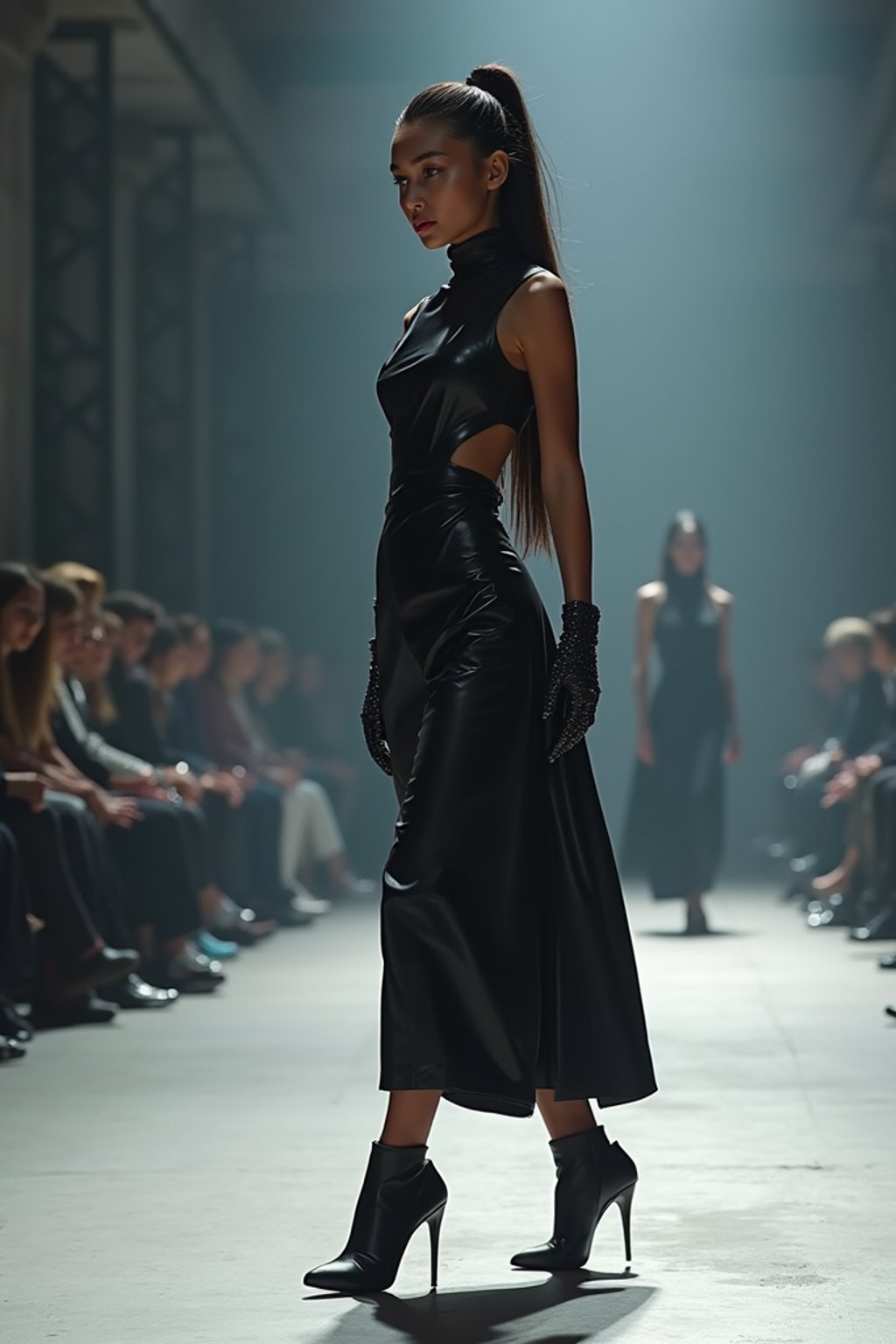 side view of woman walking on a fashion runway in an industrial space, showcasing a futuristic outfit with sharp lines