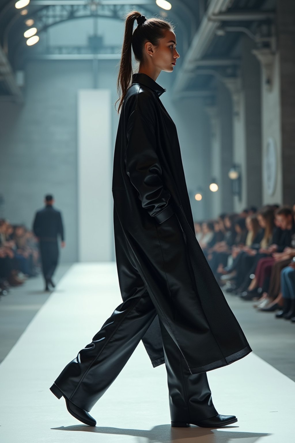 side view of woman walking on a fashion runway in an industrial space, showcasing a futuristic outfit with sharp lines