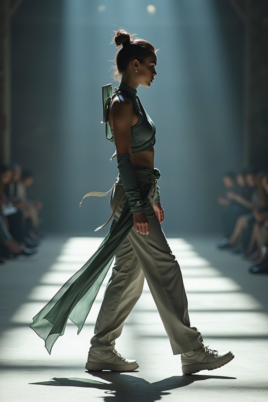 side view of woman walking on a fashion runway in an industrial space, showcasing a futuristic outfit with sharp lines