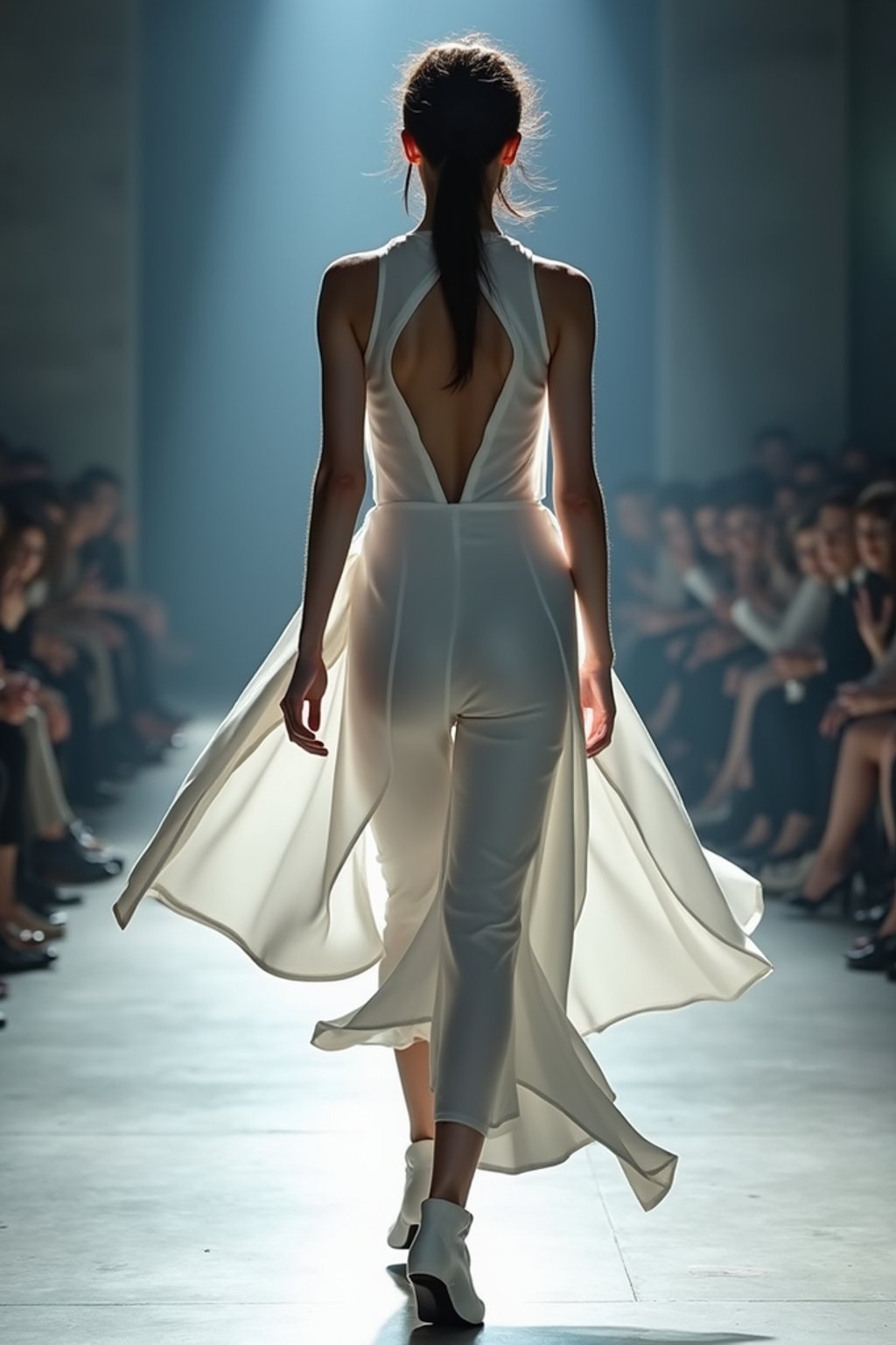 back view of woman walking on a fashion runway in an industrial space, captured mid-twirl, showcasing a futuristic outfit with sharp lines