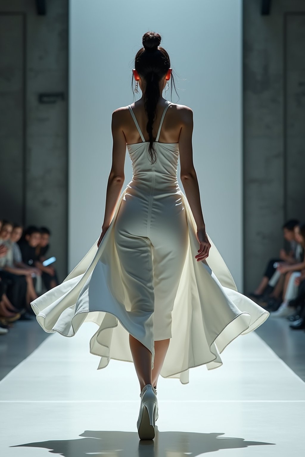 back view of woman walking on a fashion runway in an industrial space, captured mid-twirl, showcasing a futuristic outfit with sharp lines