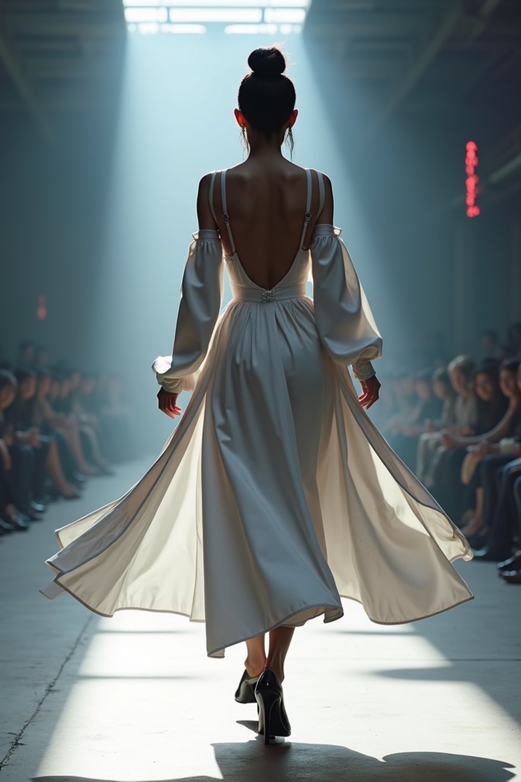 back view of woman walking on a fashion runway in an industrial space, captured mid-twirl, showcasing a futuristic outfit with sharp lines