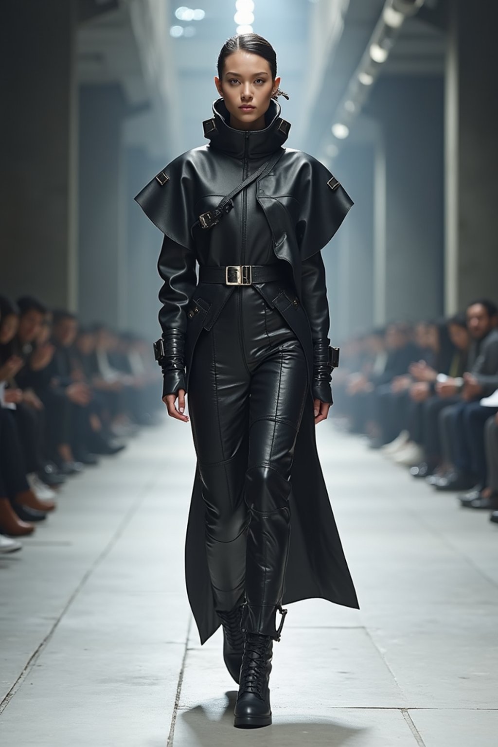 front view of woman walking on a fashion runway in an industrial space, showcasing a futuristic outfit with sharp lines