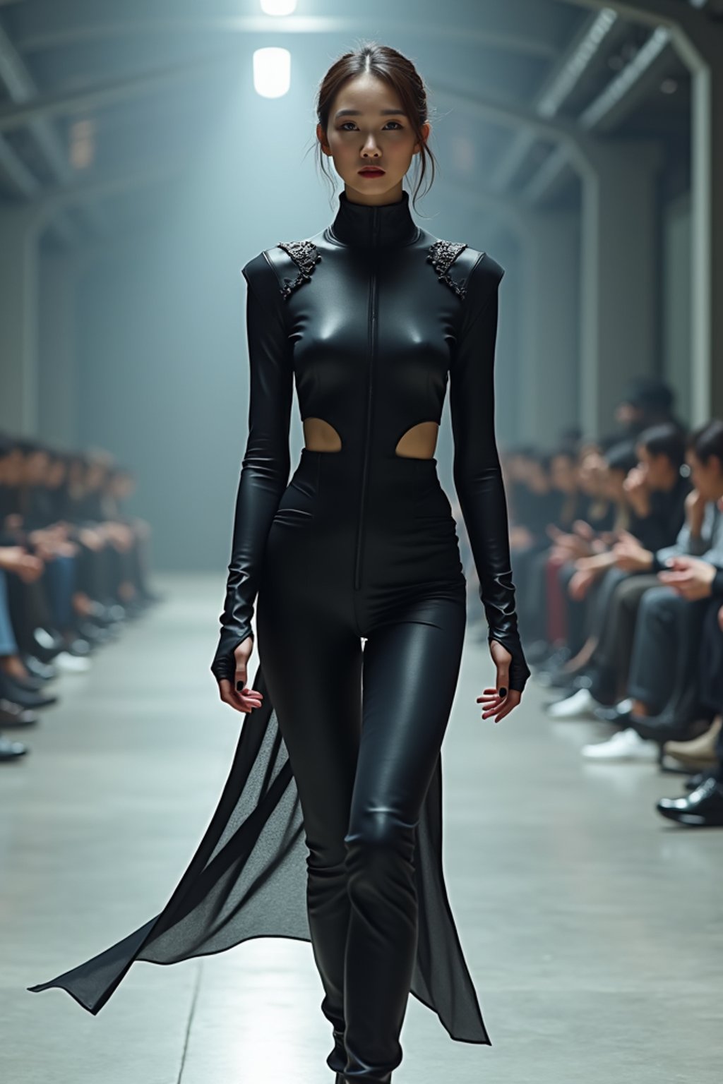 front view of woman walking on a fashion runway in an industrial space, showcasing a futuristic outfit with sharp lines