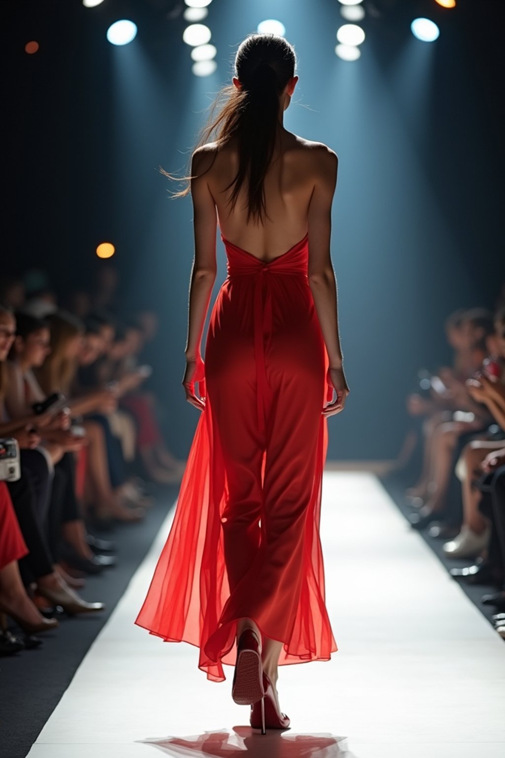 back view of woman striding confidently down a fashion runway, surrounded by flashing camera lights.