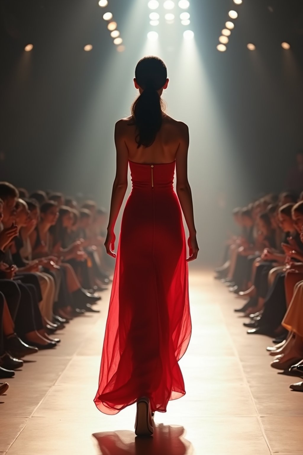 back view of woman striding confidently down a fashion runway, surrounded by flashing camera lights.