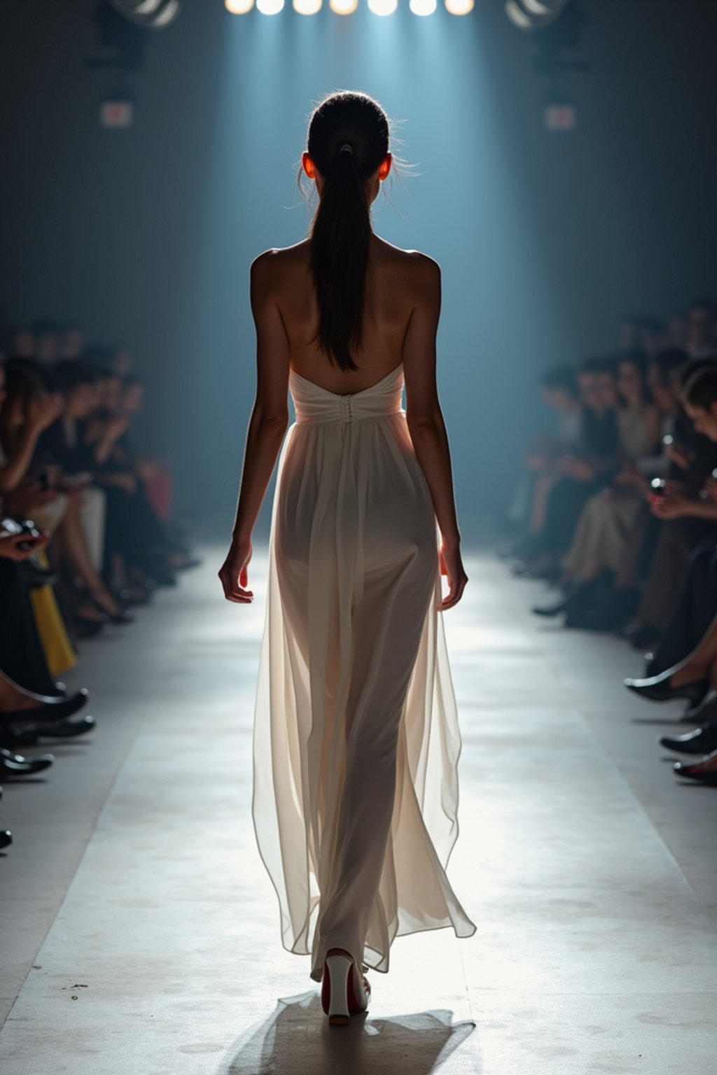 back view of woman striding confidently down a fashion runway, surrounded by flashing camera lights.