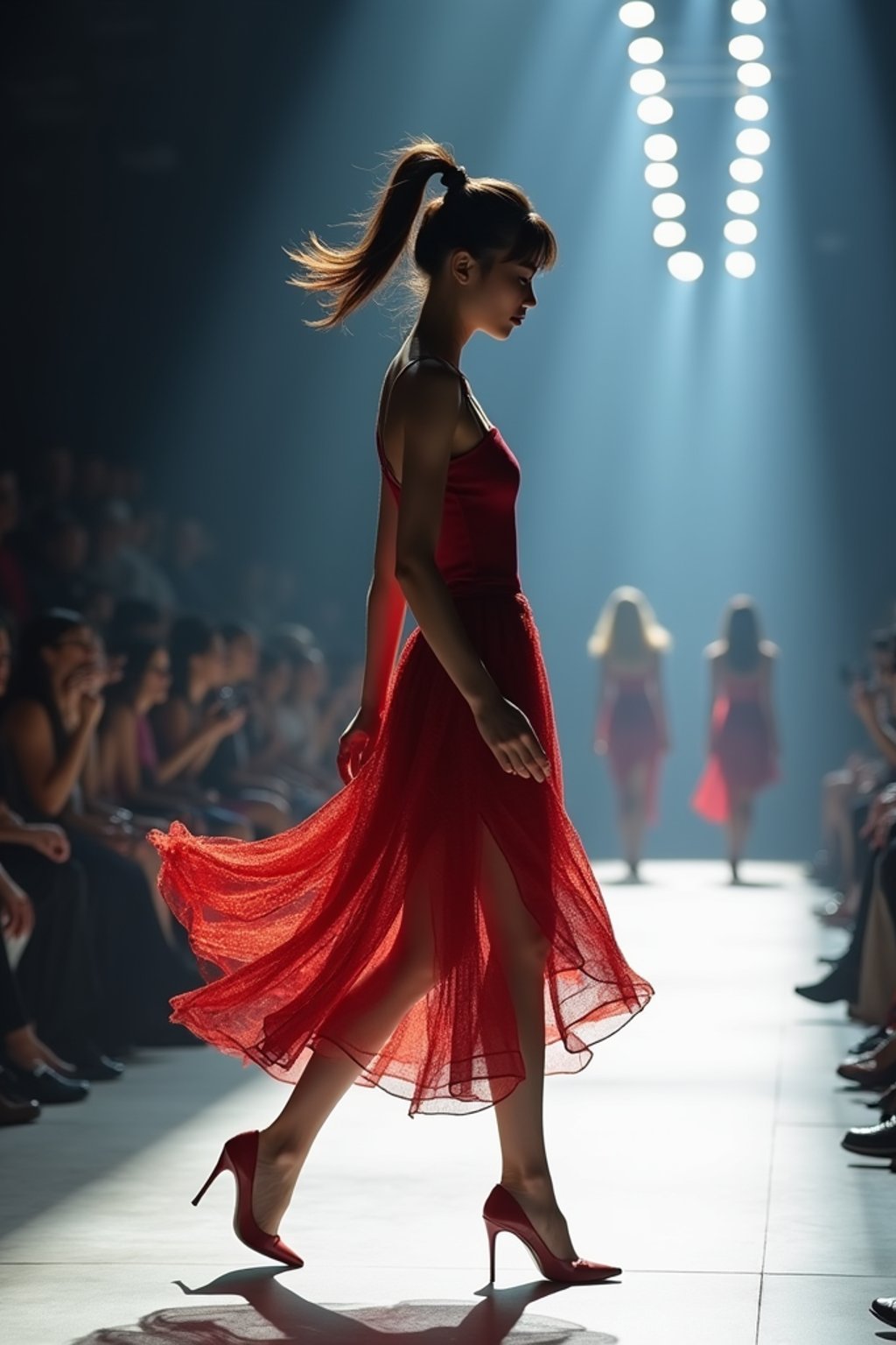 side view of woman striding confidently down a fashion runway, captured mid-twirl, surrounded by flashing camera lights.