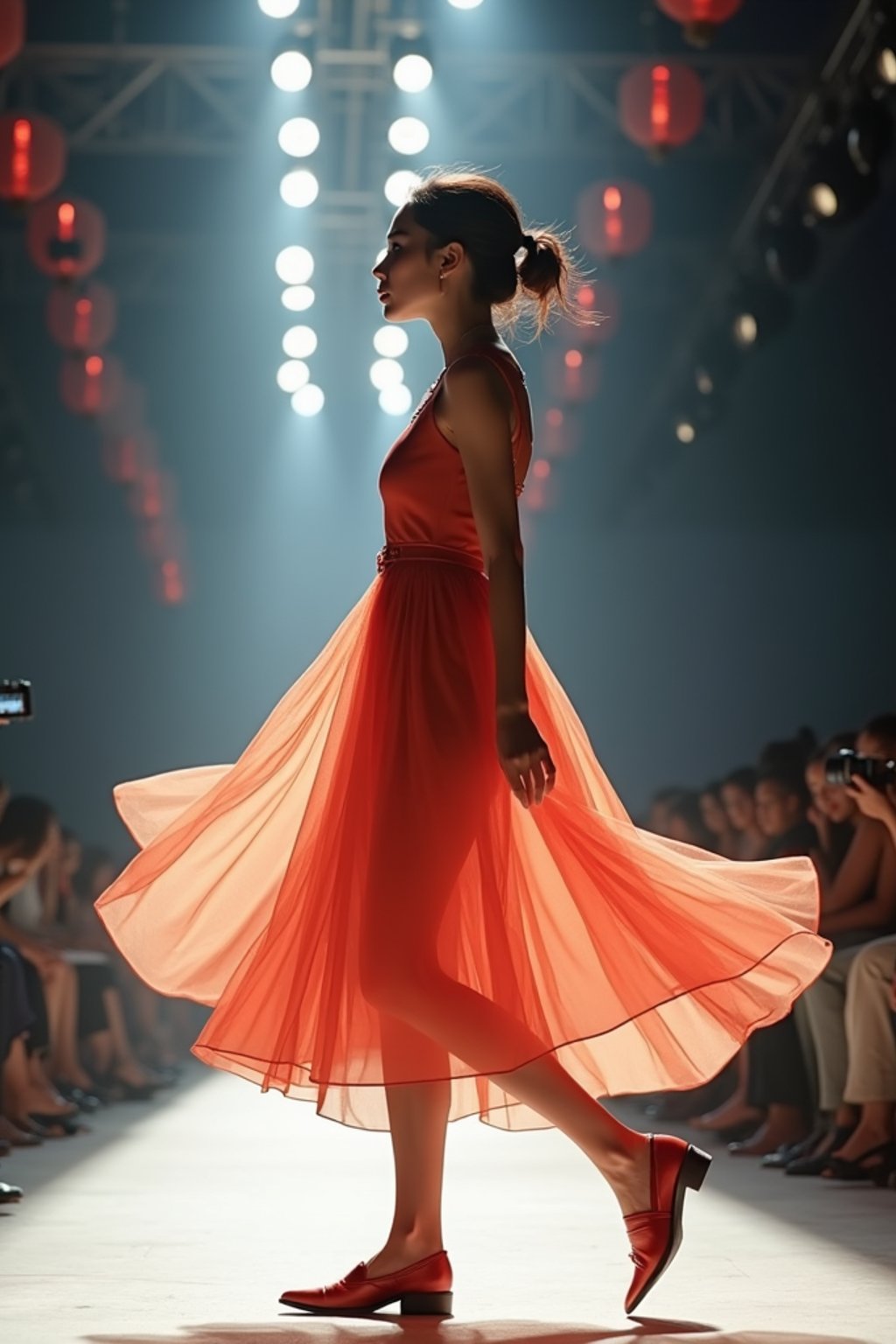 side view of woman striding confidently down a fashion runway, captured mid-twirl, surrounded by flashing camera lights.