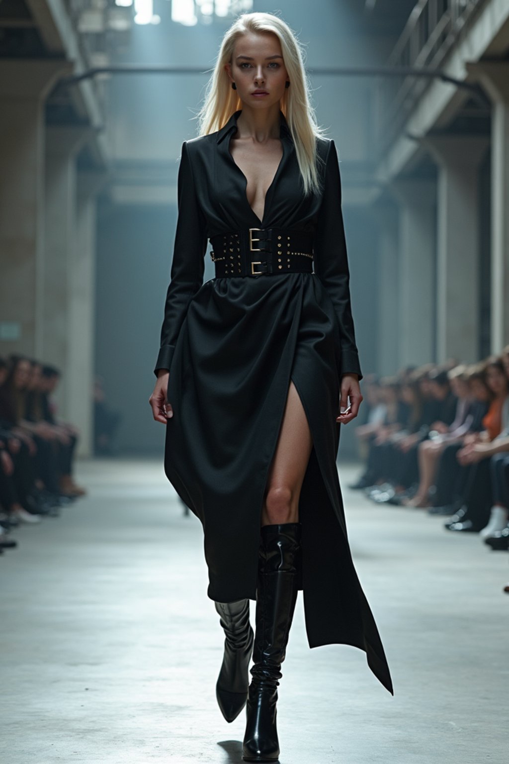 side view of woman walking on a fashion runway in an industrial space, showcasing a futuristic outfit with sharp lines