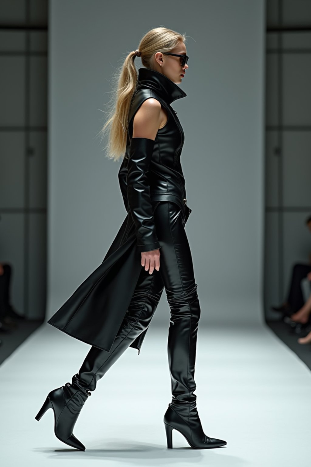 side view of woman walking on a fashion runway in an industrial space, showcasing a futuristic outfit with sharp lines