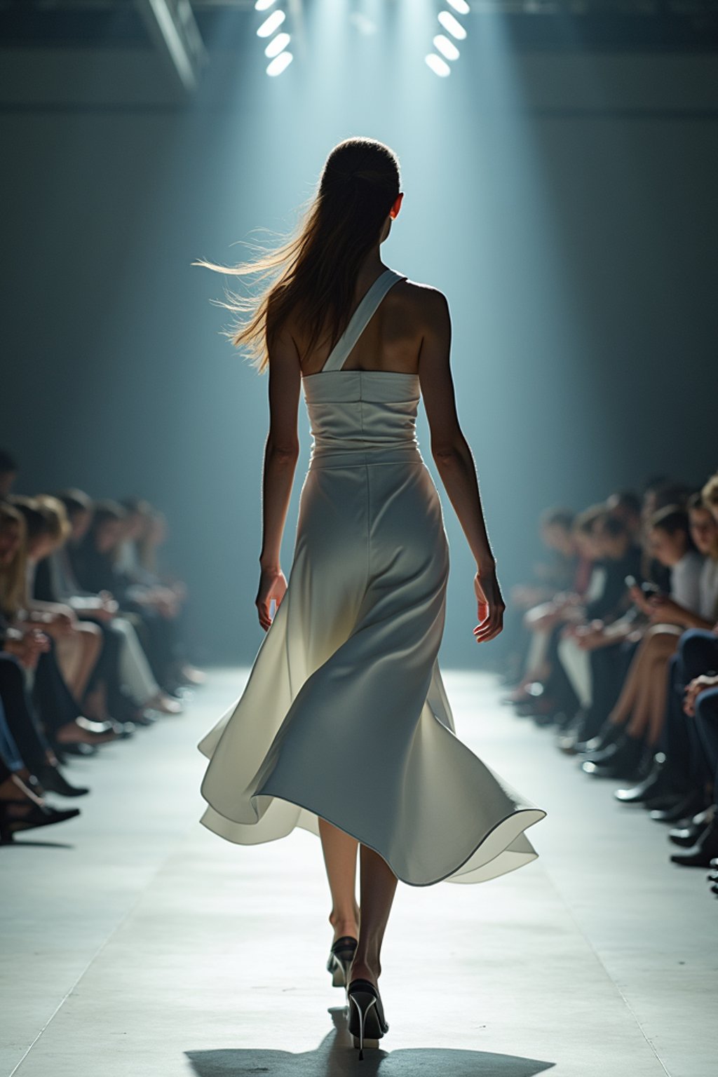 back view of woman walking on a fashion runway in an industrial space, captured mid-twirl, showcasing a futuristic outfit with sharp lines