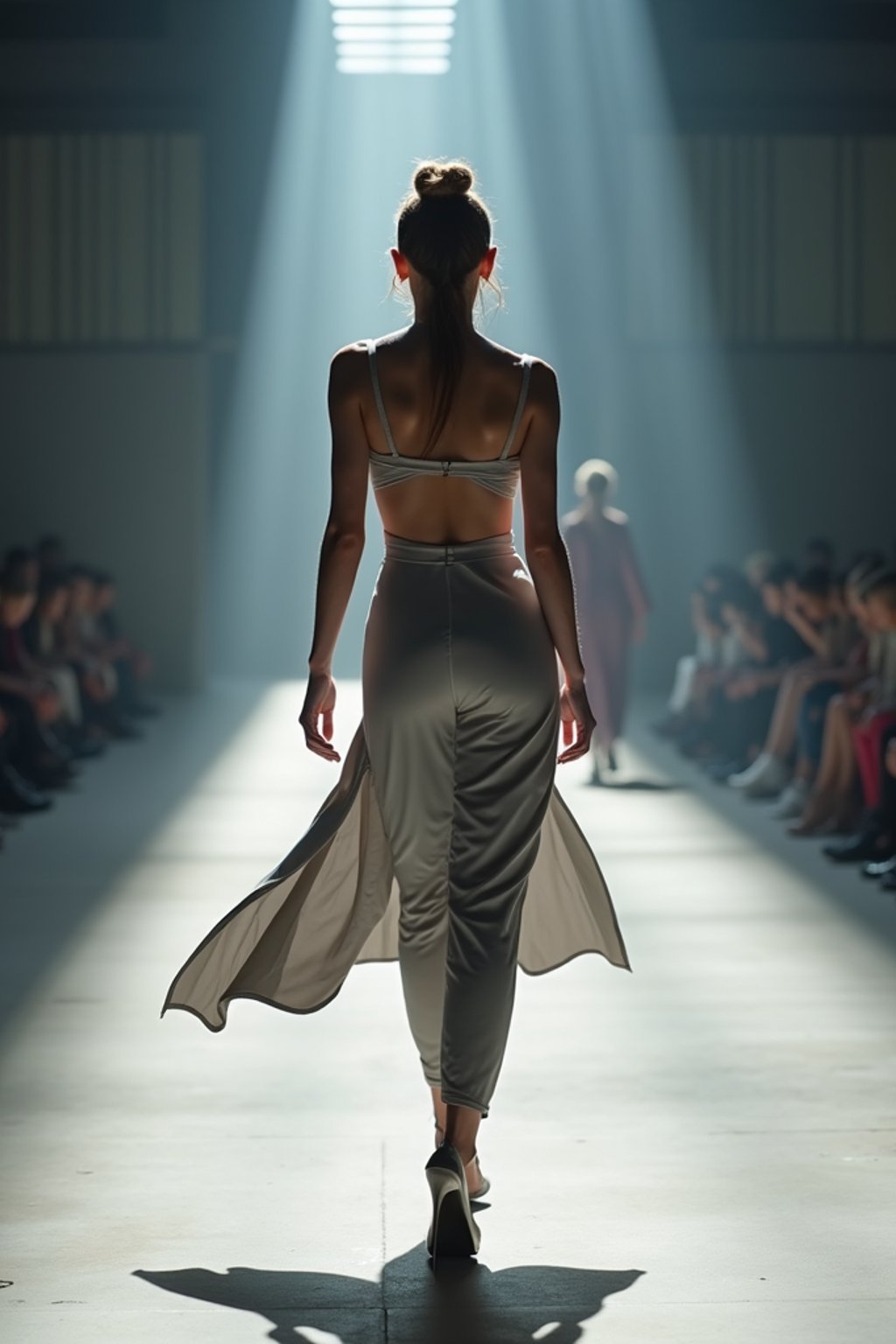 back view of woman walking on a fashion runway in an industrial space, captured mid-twirl, showcasing a futuristic outfit with sharp lines