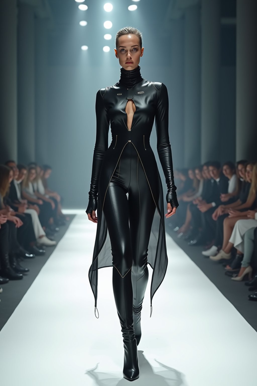 front view of woman walking on a fashion runway in an industrial space, showcasing a futuristic outfit with sharp lines