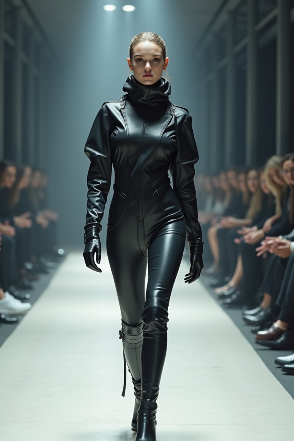 front view of woman walking on a fashion runway in an industrial space, showcasing a futuristic outfit with sharp lines