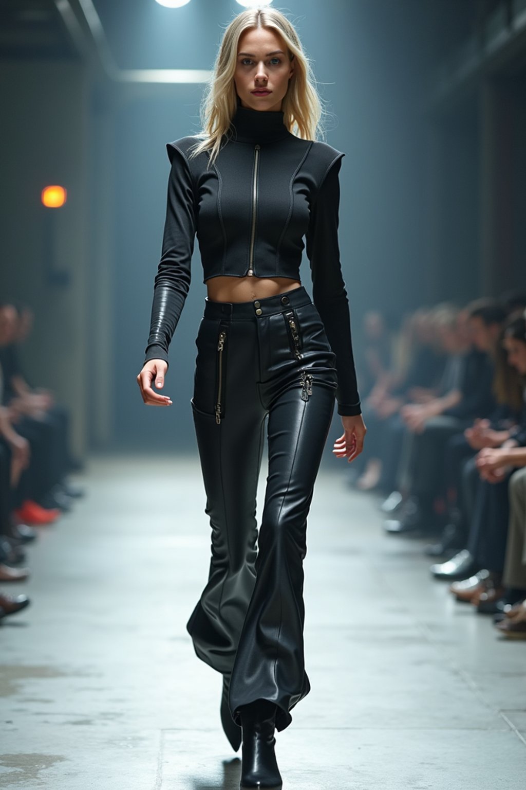 front view of woman walking on a fashion runway in an industrial space, showcasing a futuristic outfit with sharp lines