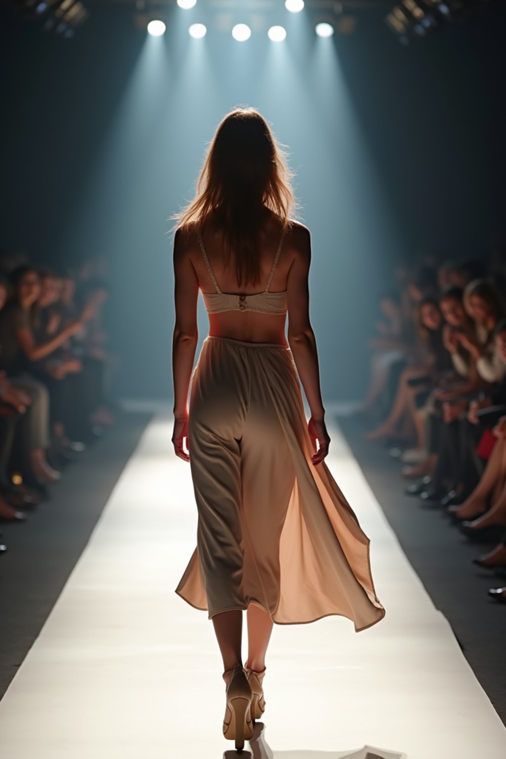 back view of woman striding confidently down a fashion runway, surrounded by flashing camera lights.