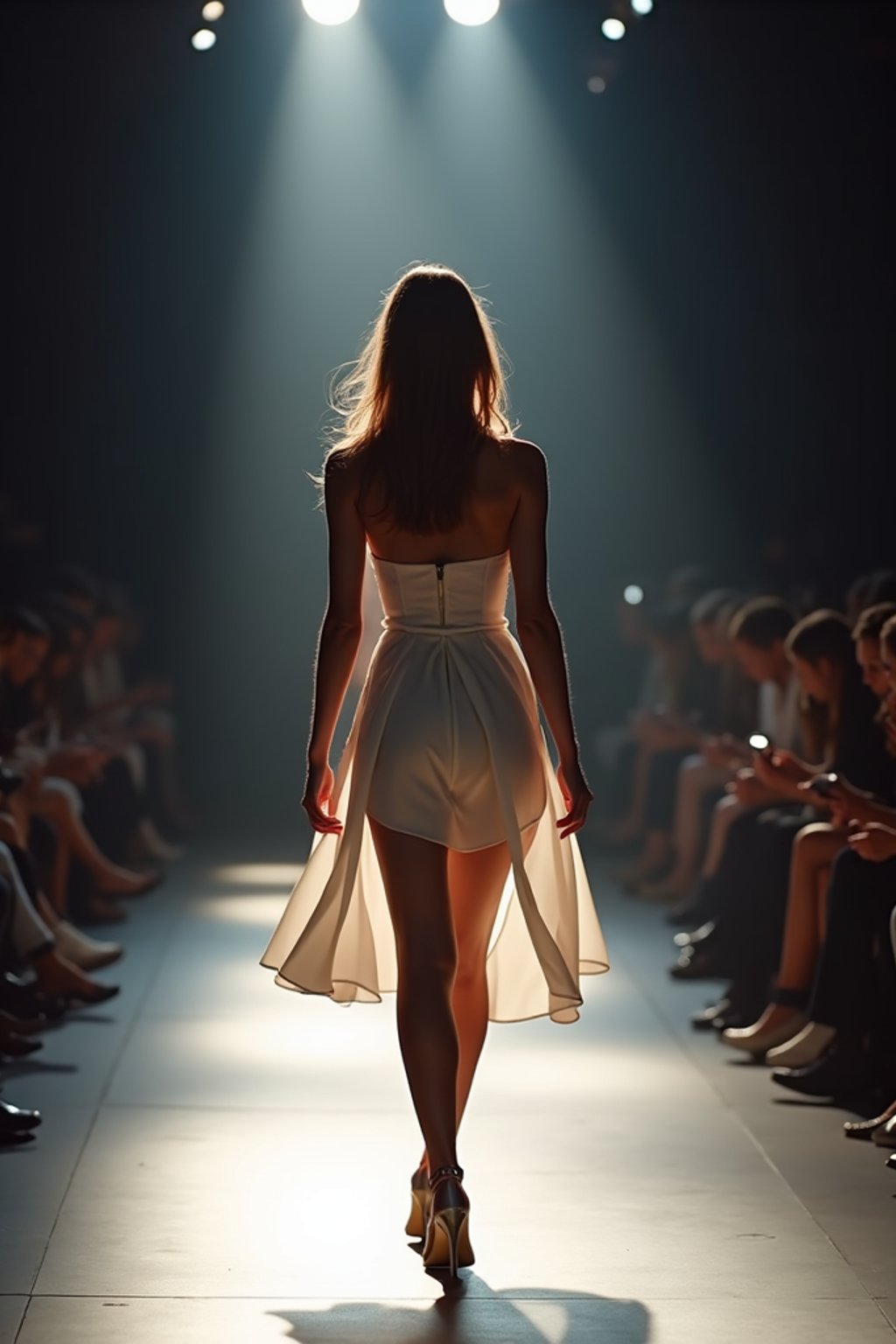 back view of woman striding confidently down a fashion runway, surrounded by flashing camera lights.