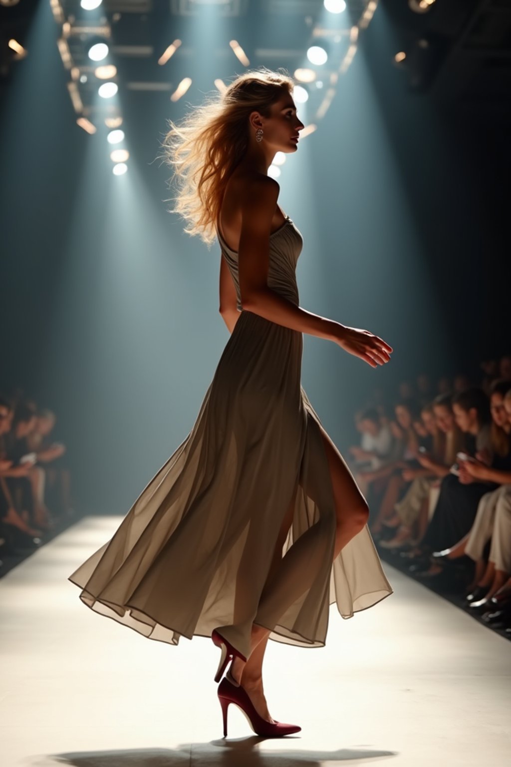 side view of woman striding confidently down a fashion runway, captured mid-twirl, surrounded by flashing camera lights.