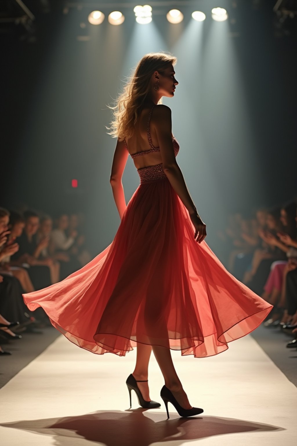 side view of woman striding confidently down a fashion runway, captured mid-twirl, surrounded by flashing camera lights.