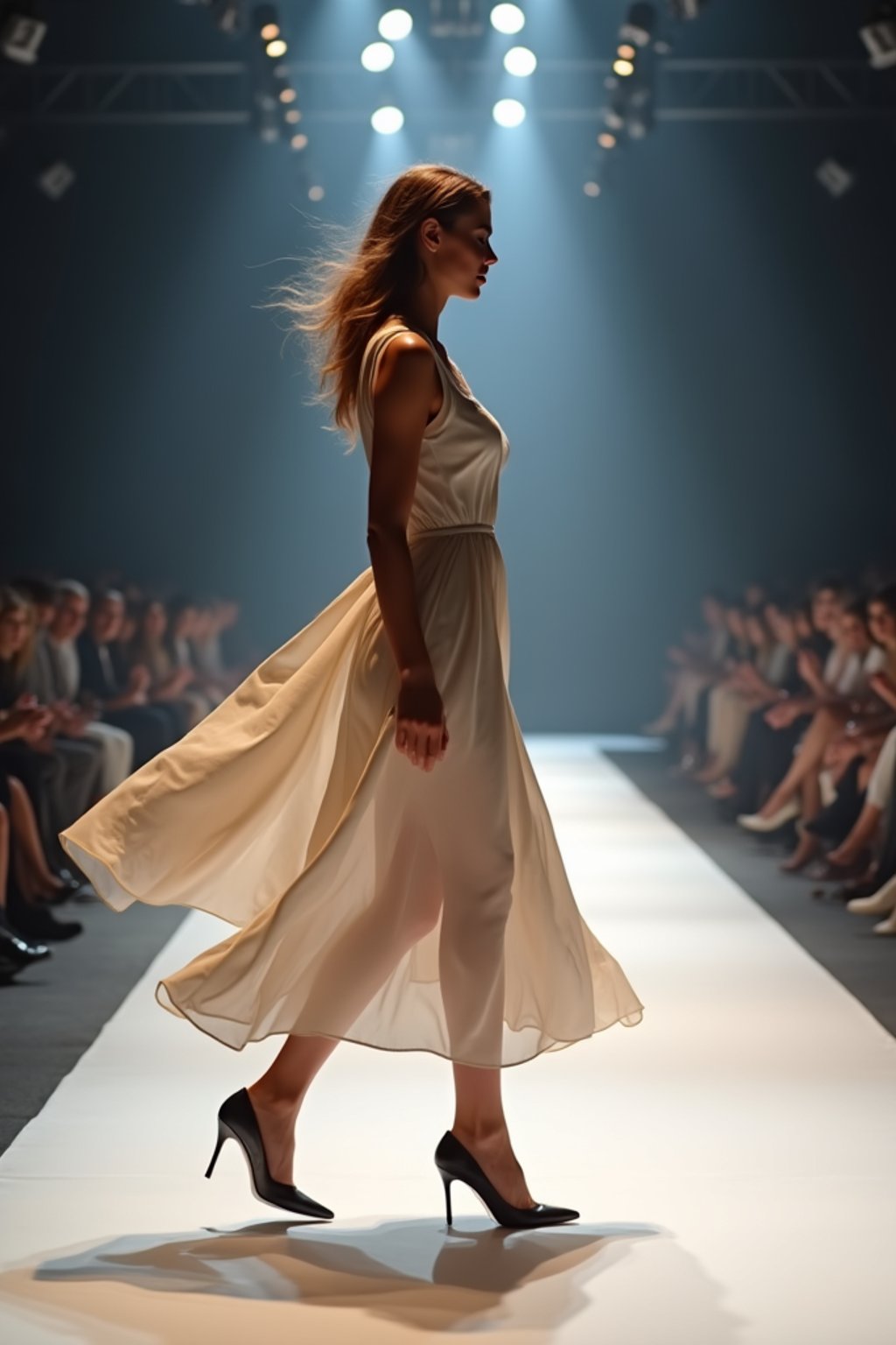 side view of woman striding confidently down a fashion runway, captured mid-twirl, surrounded by flashing camera lights.