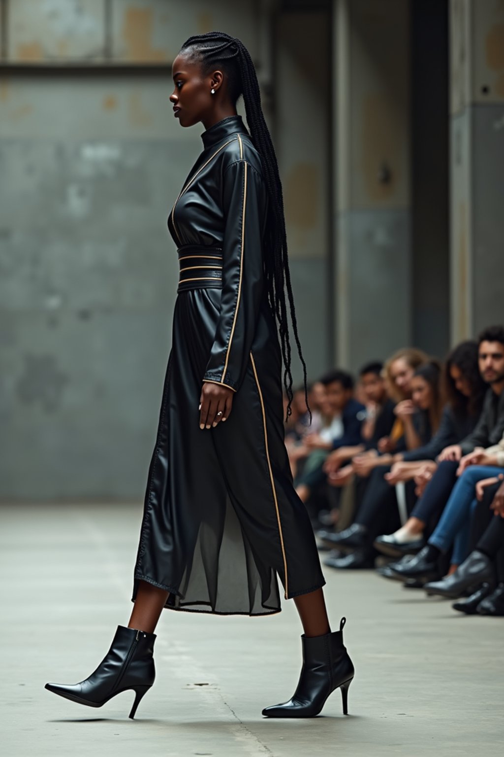 side view of woman walking on a fashion runway in an industrial space, showcasing a futuristic outfit with sharp lines