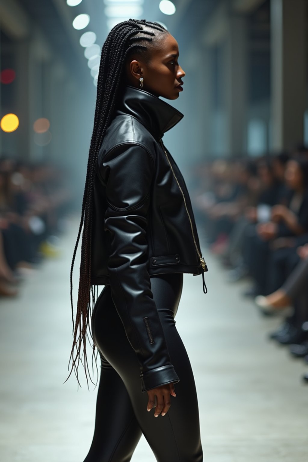 side view of woman walking on a fashion runway in an industrial space, showcasing a futuristic outfit with sharp lines